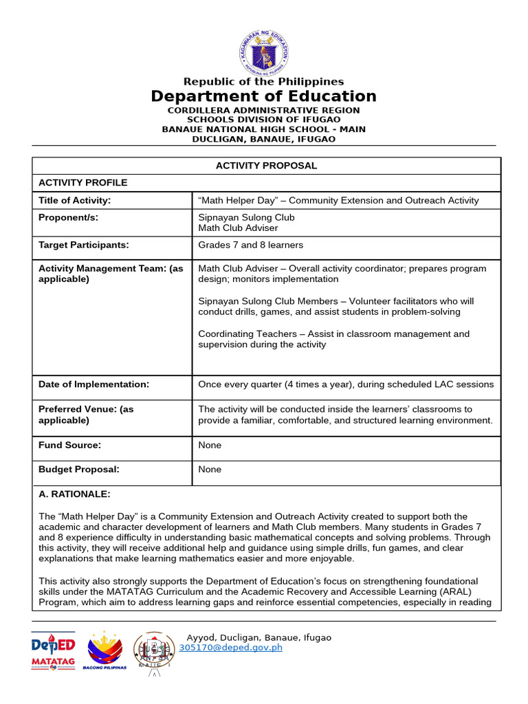 Math Helper Day Activity Proposal | PDF | Learning | Mathematics