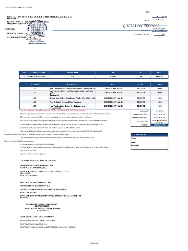 Quotation for Vessel Safety Certificates | PDF | Banks