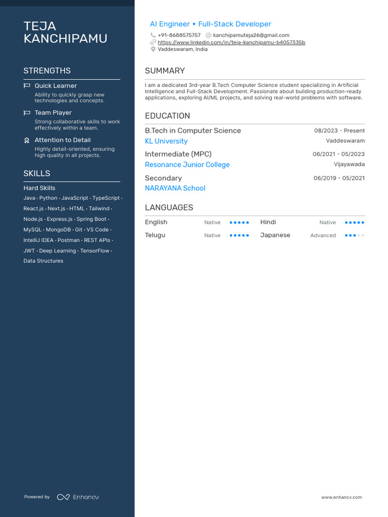 AI Engineer & Full-Stack Developer Resume | PDF