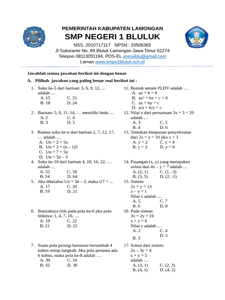 Soal Matematika SMP: Barisan dan PLDV | PDF