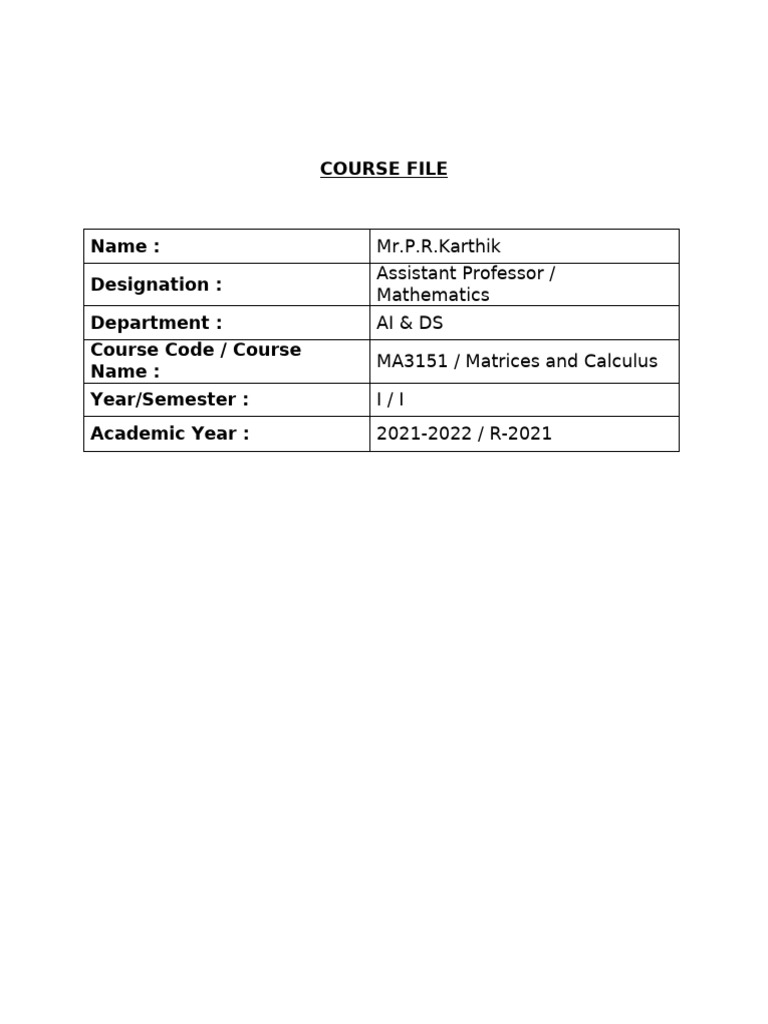 MA3151 Matrices and Calculus Course Details | PDF