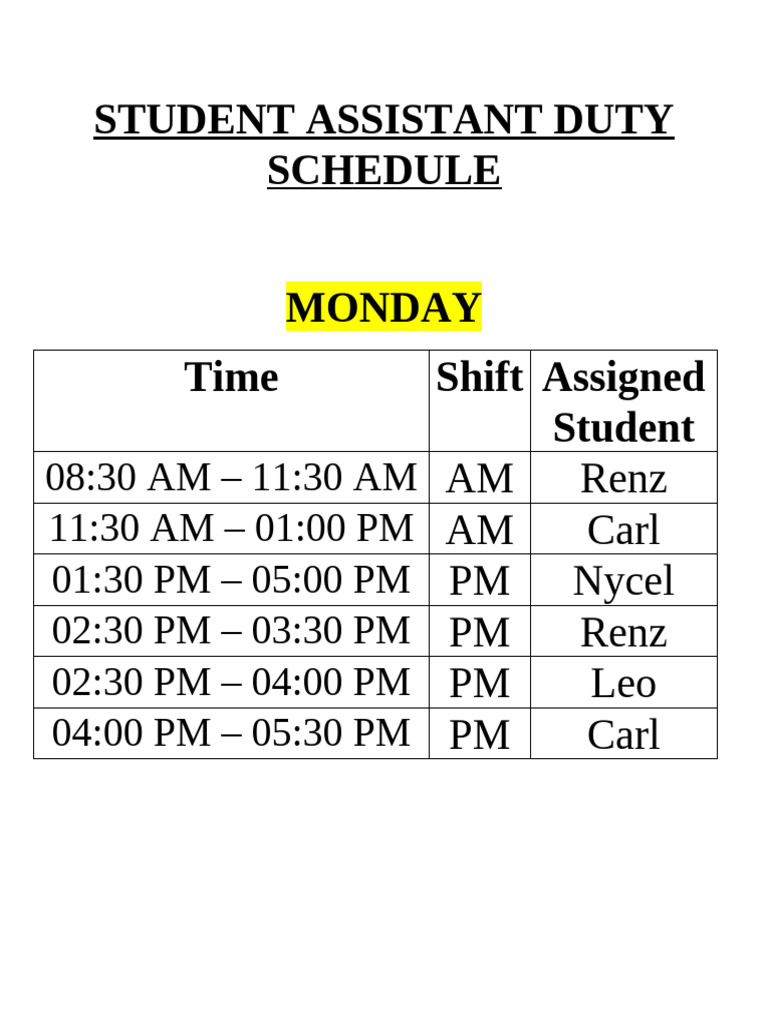 Student Assistant Duty Schedule | PDF