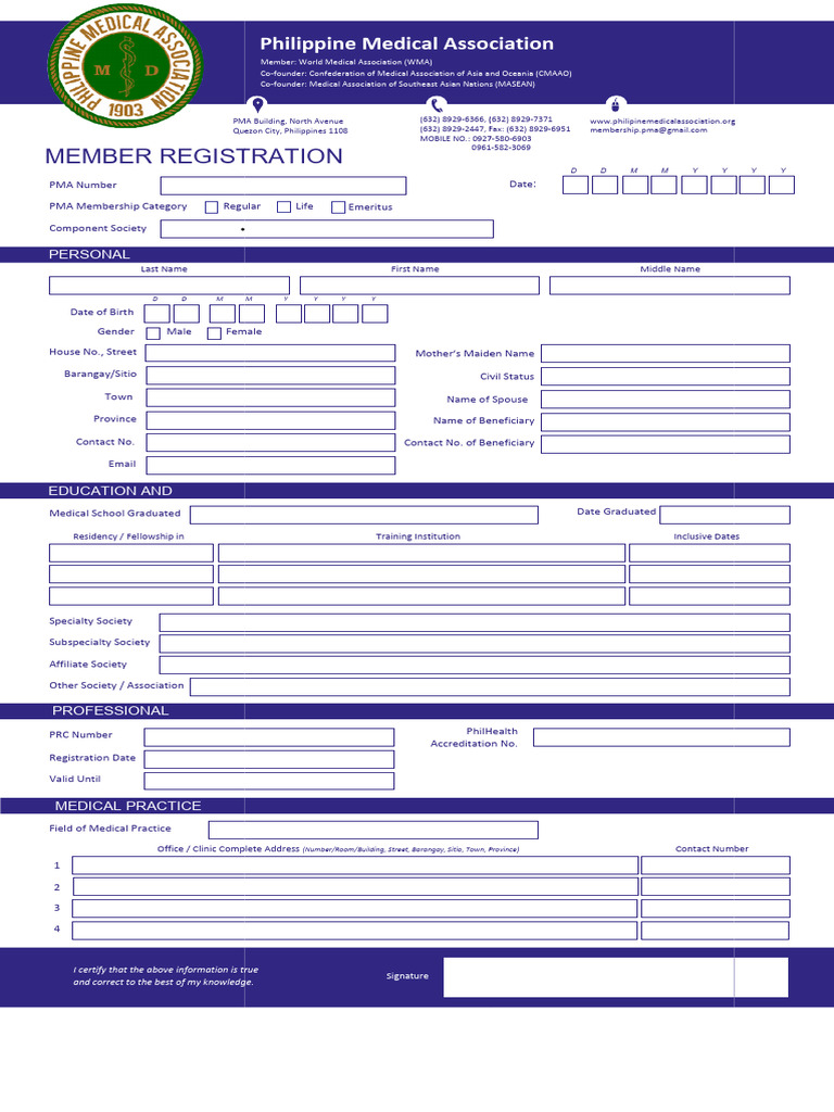 PMA Member Registration Form | PDF | Health Care | Medicine