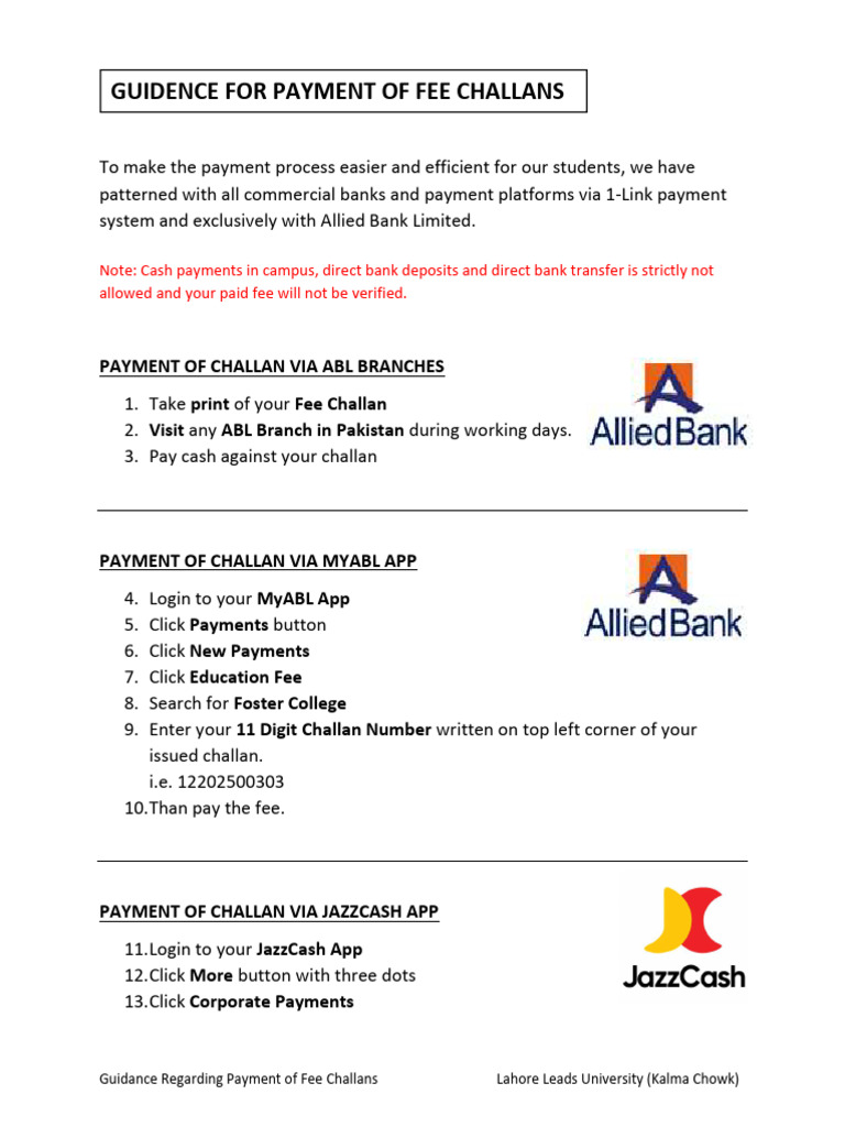 Fee Payment Guide for Lahore Leads University | PDF | Payments | Invoice