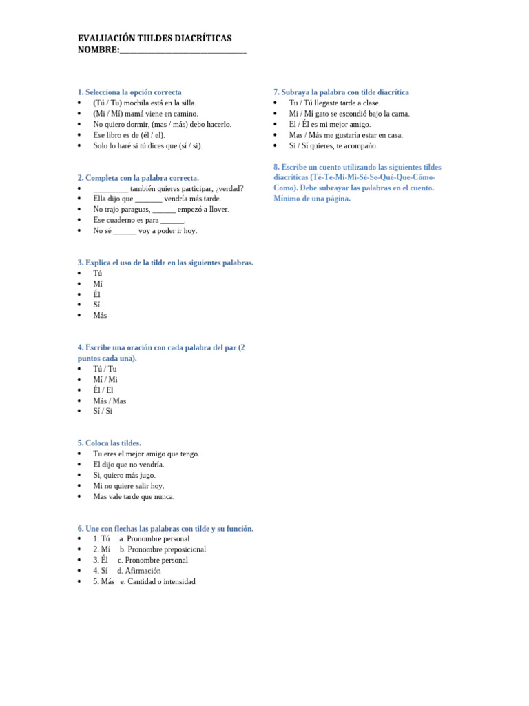 Evaluación de Las Tildes Diacríticas | PDF