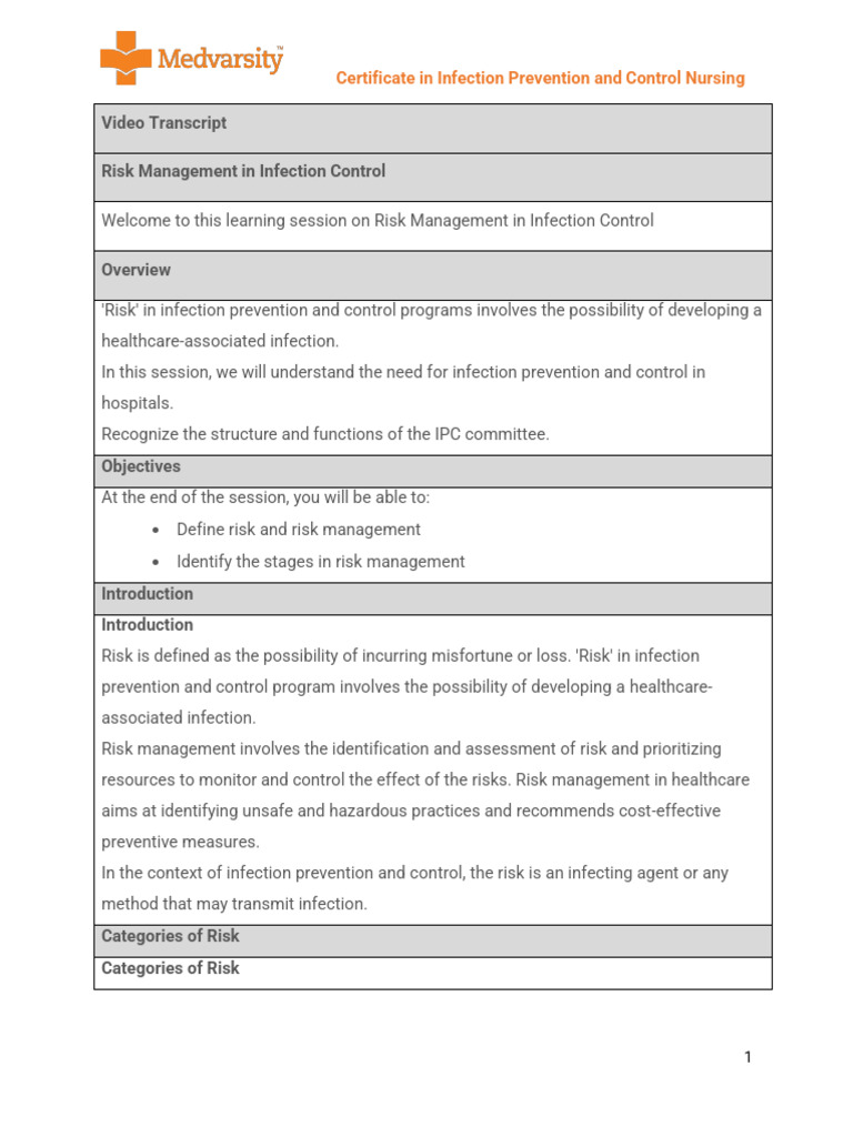 M3 - Risk Management in Infection Control | PDF | Risk Management | Risk
