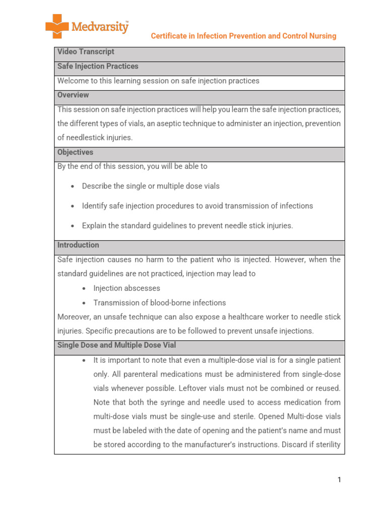 Safe Injection Practices Training Guide | PDF | Injection (Medicine ...