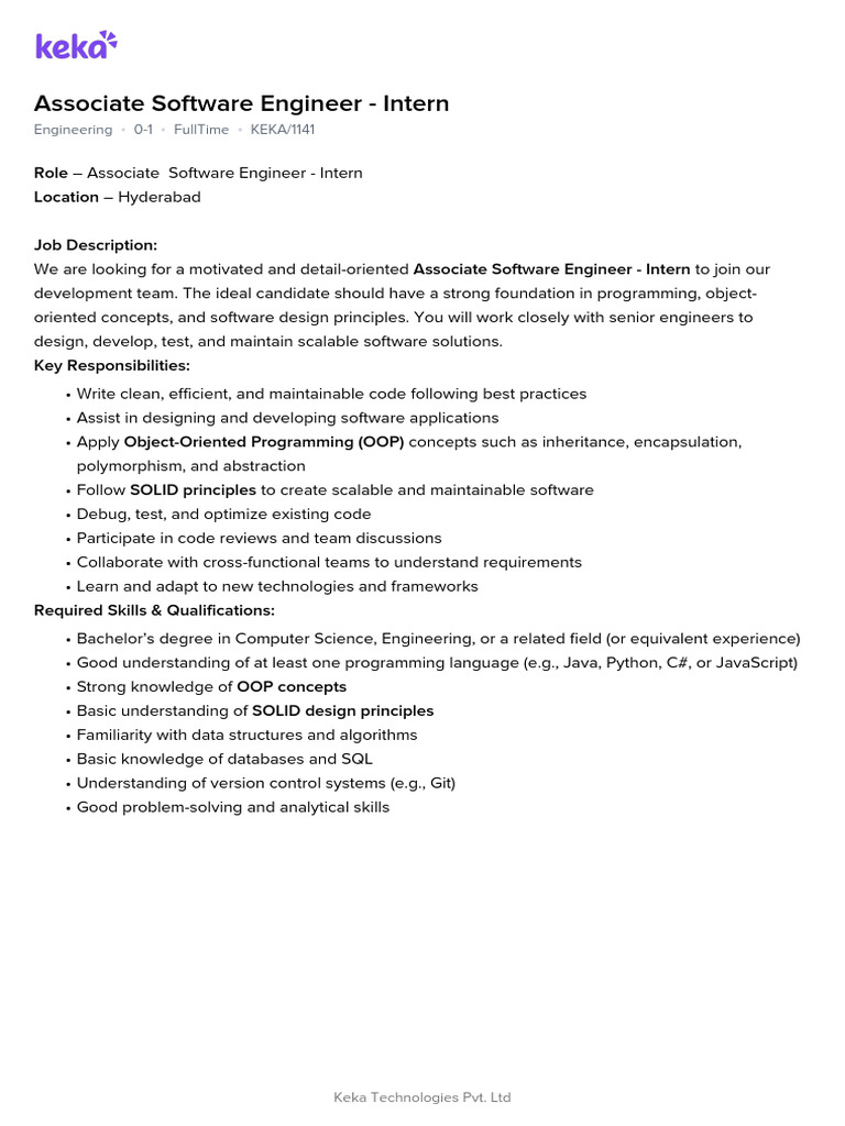 Associate Software Engineer Intern Role | PDF
