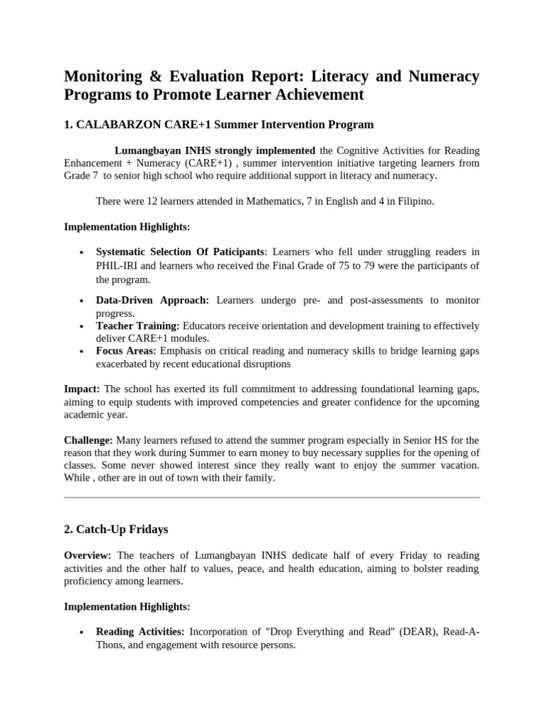 Literacy and Numeracy Program Evaluation | PDF | Inclusion (Education ...