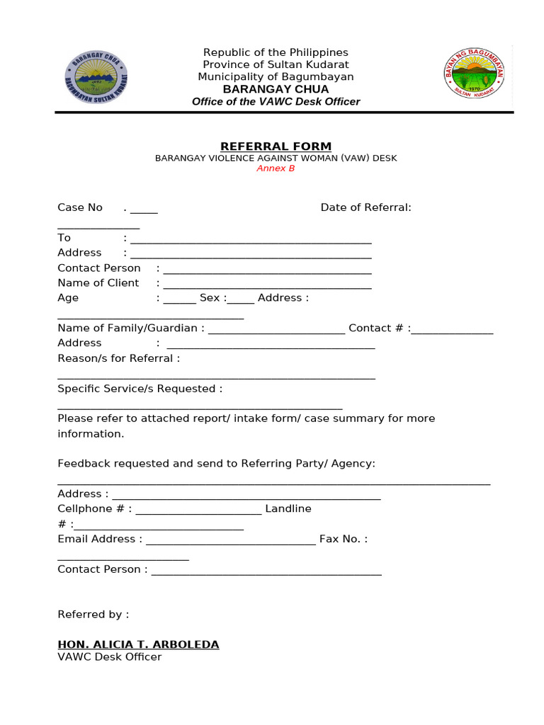 Vaw Form Annex B Referral Form | PDF