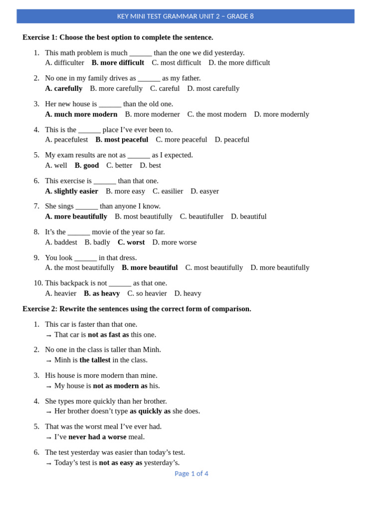 (Medium) KEY MINI TEST GRAMMAR UNIT 2 - GRADE 8 | PDF