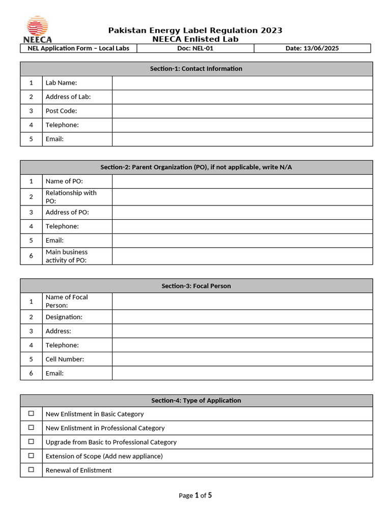 Pakistan Energy Label NEL Application Form | PDF | Laboratories