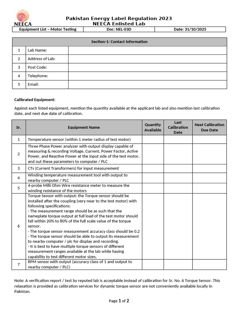 Pakistan Motor Testing Lab Equipment List | PDF | Power Supply | Sensor