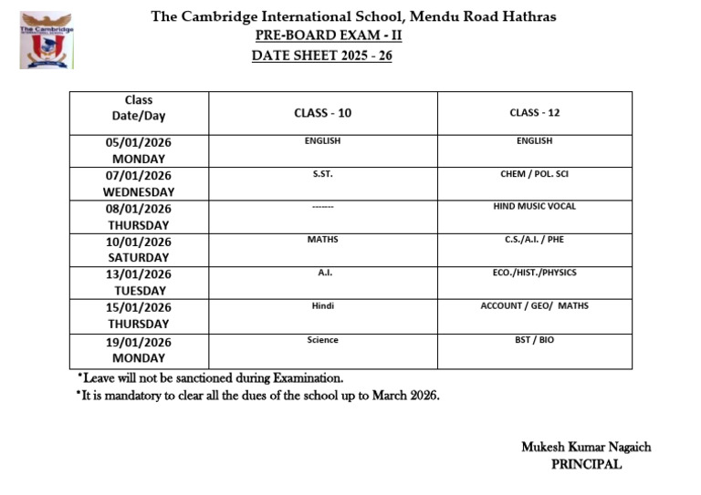 PT 2 Datesheet Class X To Xii 2025 Pre Board 2 | PDF