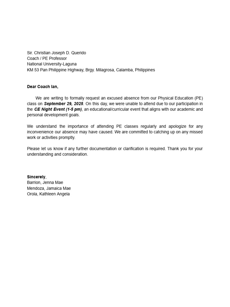 Request for PE Class Absence Excuse | PDF