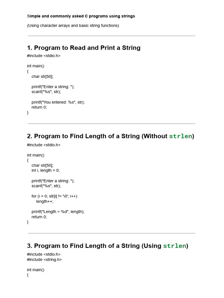 Simple and Commonly Asked C Programs Using Strings | PDF | String ...
