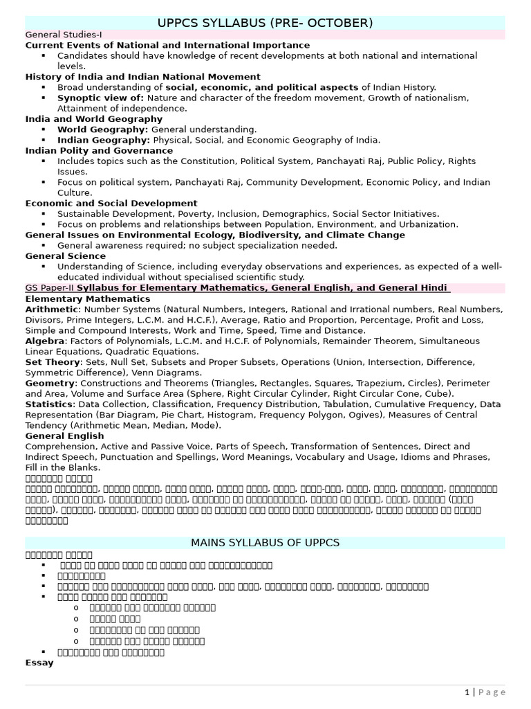 UPPCS Pre-October Syllabus Overview | PDF | Numbers | Governance