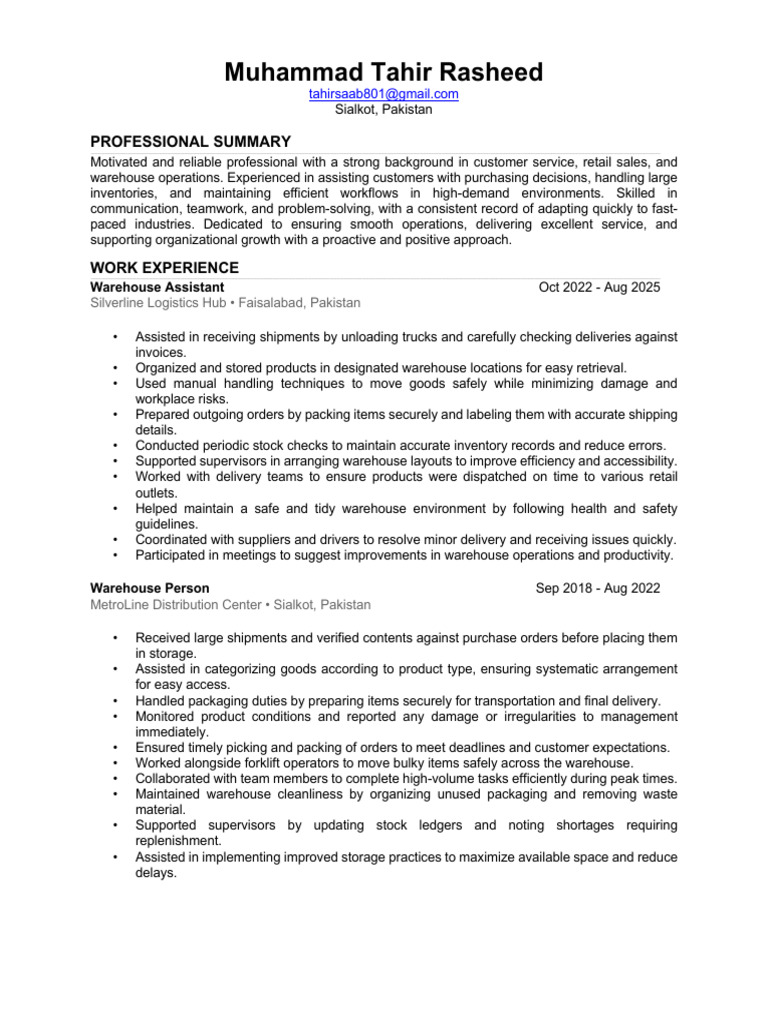 Muhammad Tahir Rasheed CV | PDF | Warehouse | Business Economics