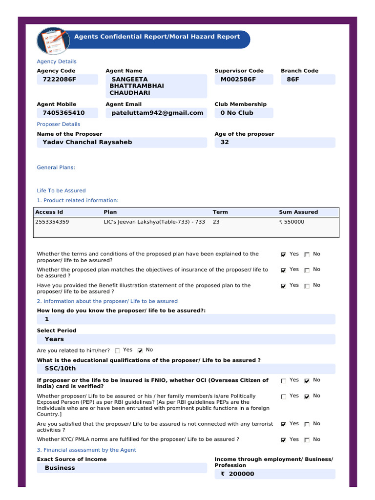 Insurance Proposal Details for LIC Plan | PDF