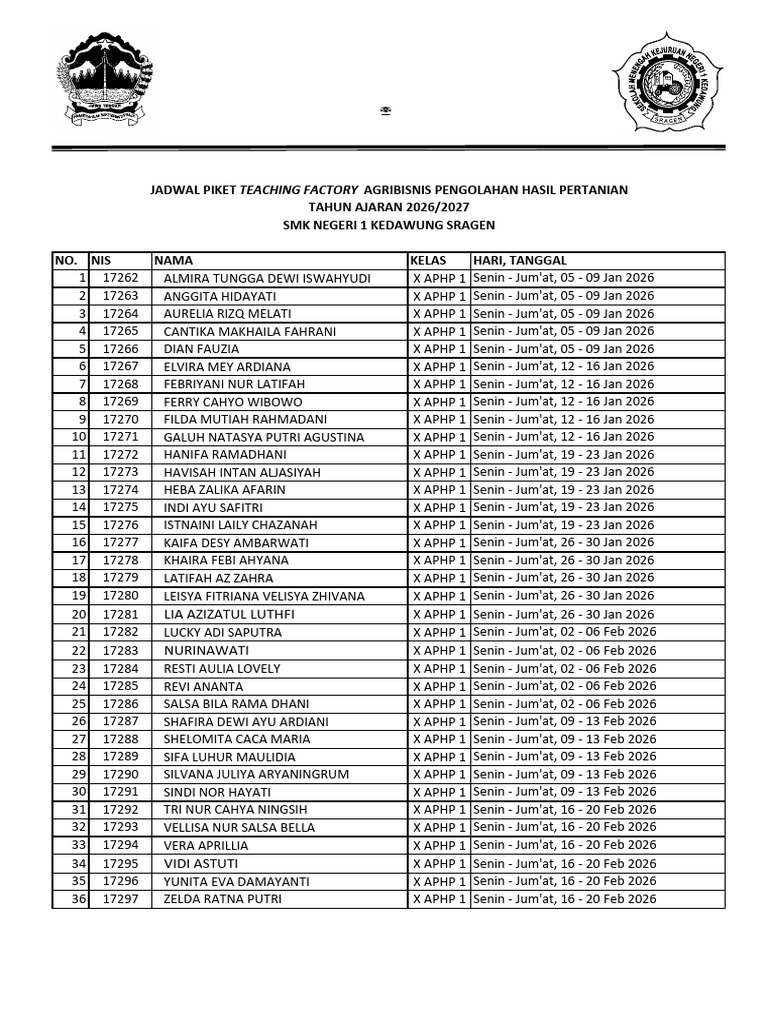 Jadwal Piket APHP 2026/2027 SMK Kedawung | PDF