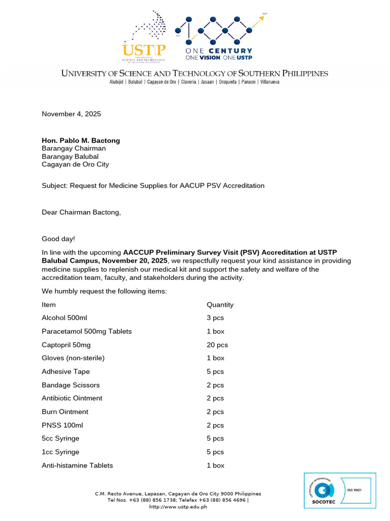 Request Letter of Medicine Supplies for AACUP PSV Accreditation | PDF
