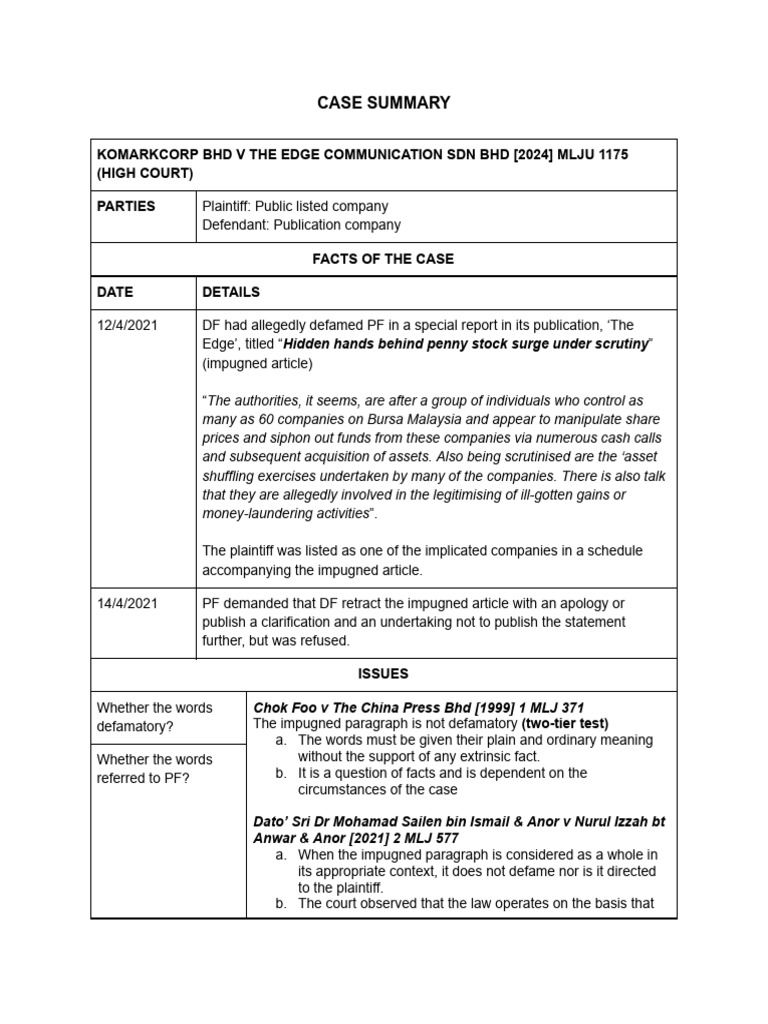 Case Summary Komarkcorp BHD | PDF | Defamation | Justice