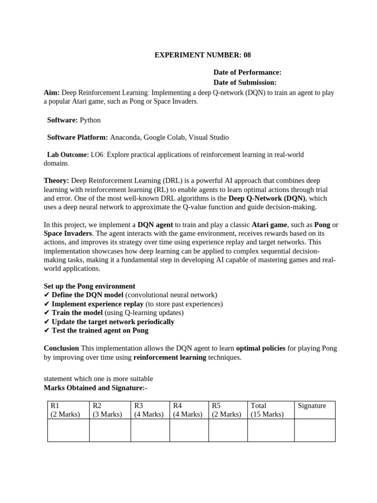 DQN Implementation for Atari Pong Game | PDF