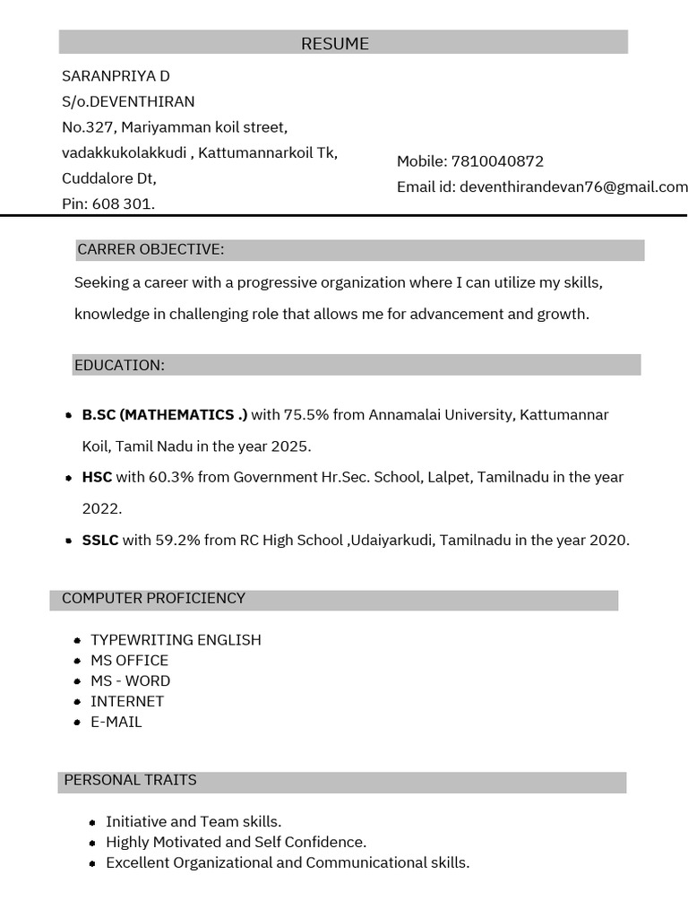 Resume of Saranpriya D - B.Sc Mathematics | PDF