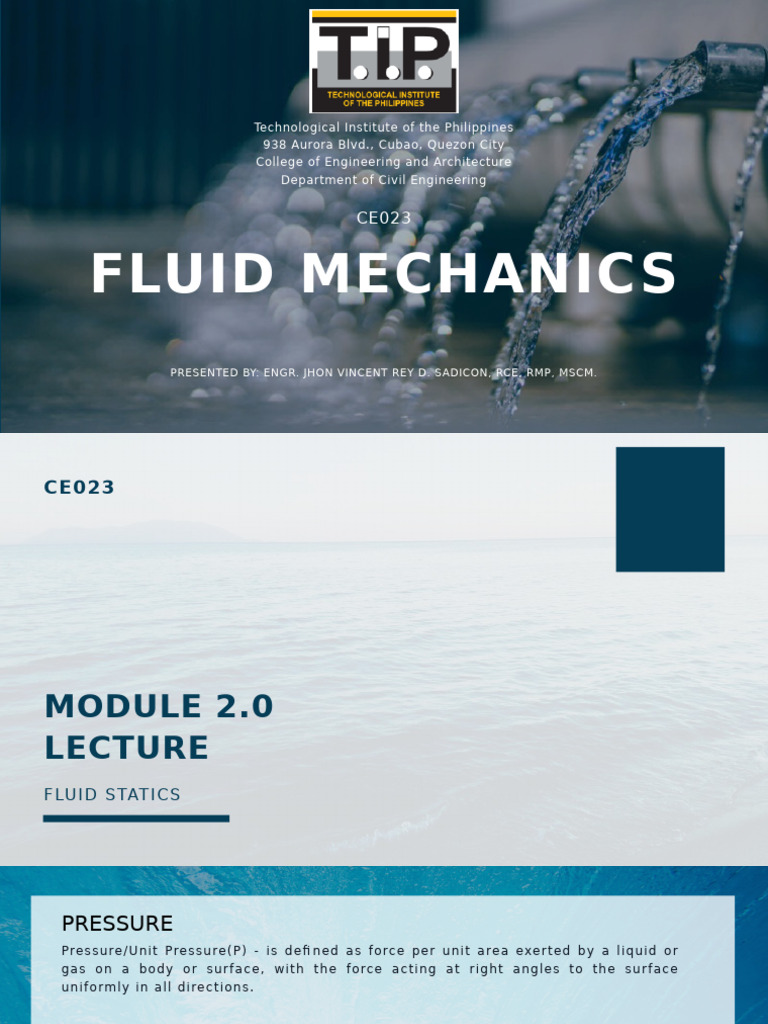 Fluid Mechanics: Fluid Statics Overview | PDF | Pressure | Pressure ...