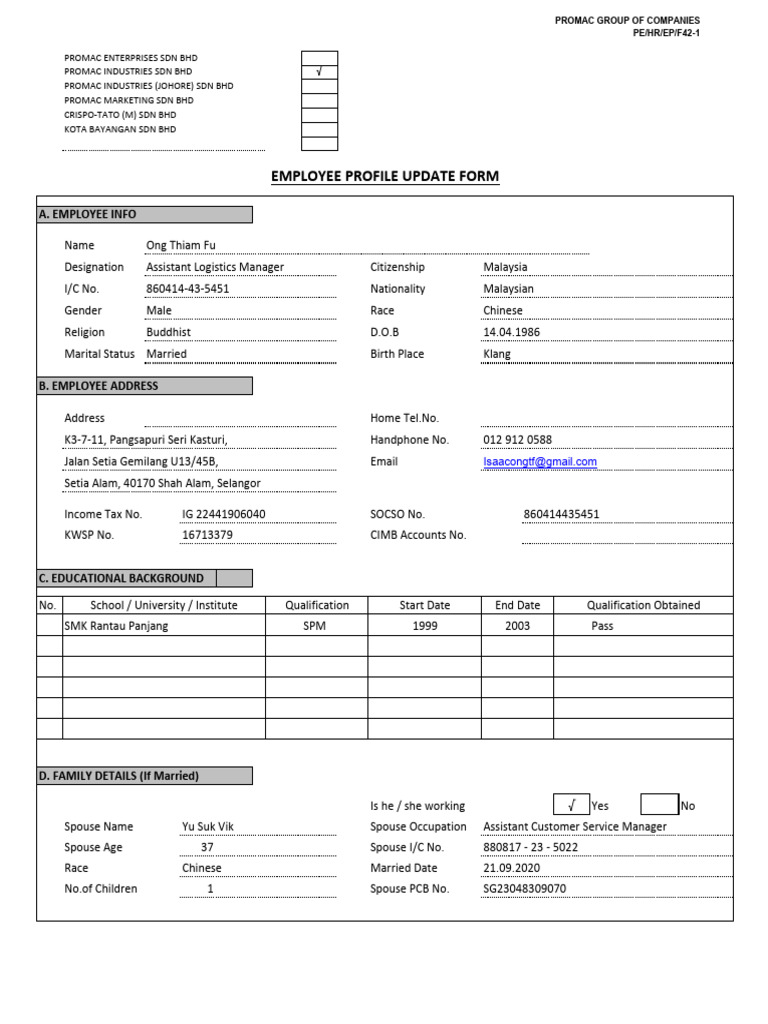 F42 - Employee Profile Update Form - Rev 1 | PDF