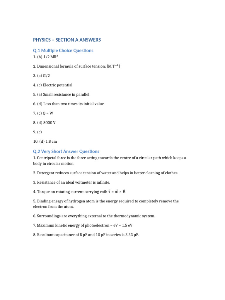 Physics Section A Answer Key | PDF