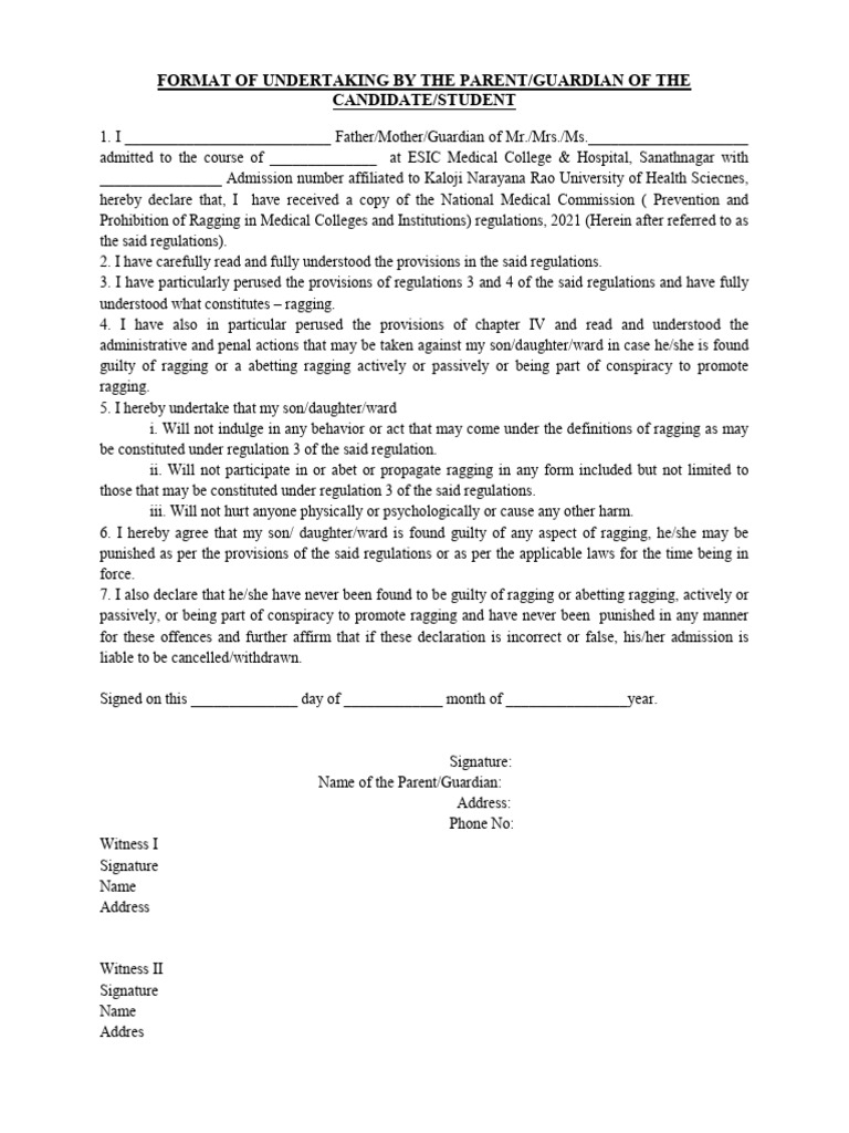 Format of Undertaking by The Parent/Guardian of The Candidate/Student ...