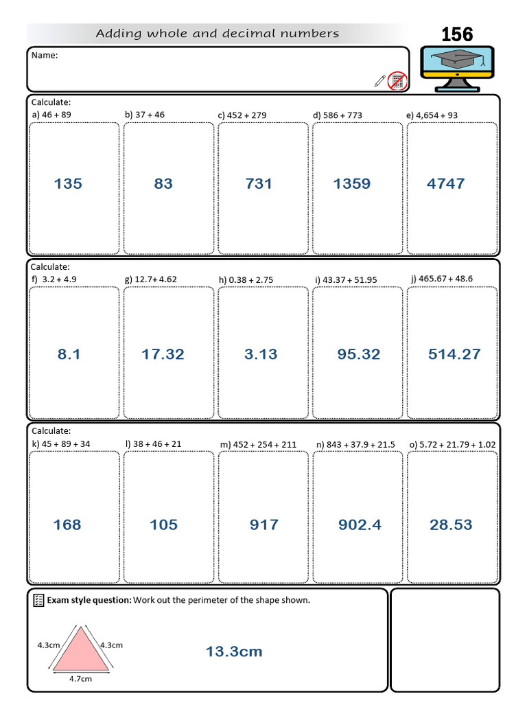 Answers+ +Adding+Whole+and+Decimal+Numbers+ | PDF