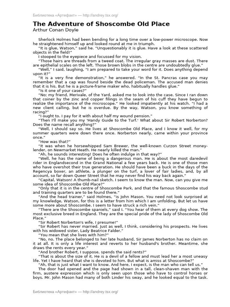 Sherlock Holmes: Shoscombe Mystery | PDF | Dr. Watson
