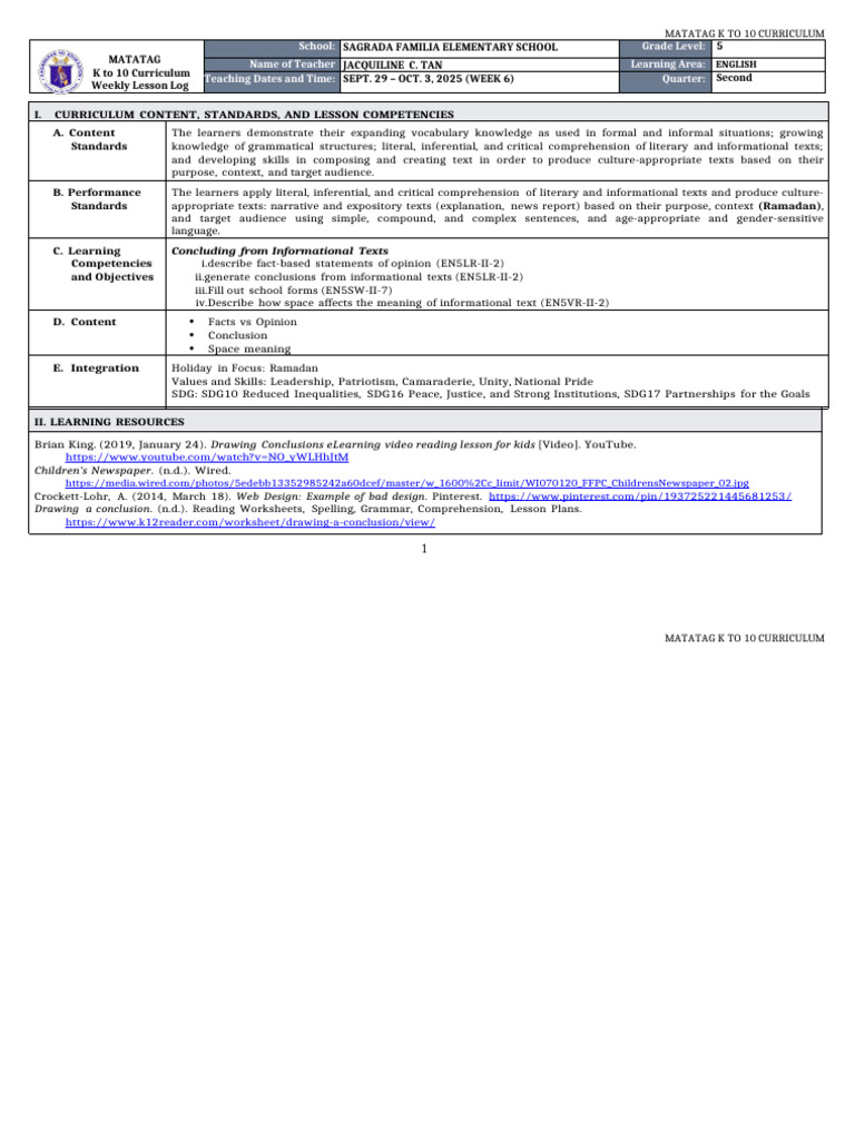 DLL Matatag - English 5 q2 w6 | PDF | Ramadan | Learning