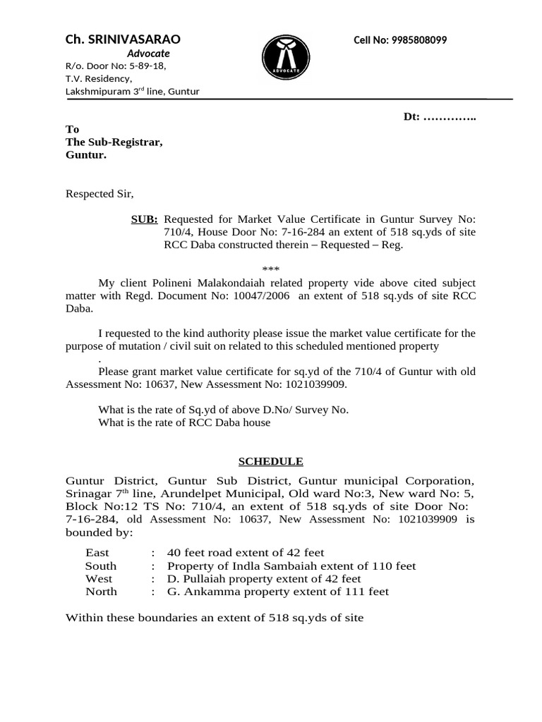 Market Value Certificate Request Guntur | PDF