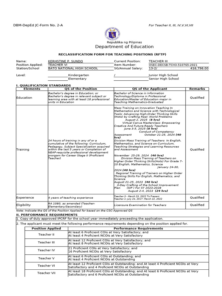 Teacher VI Reclassification Form Guide | PDF | Educational Assessment ...