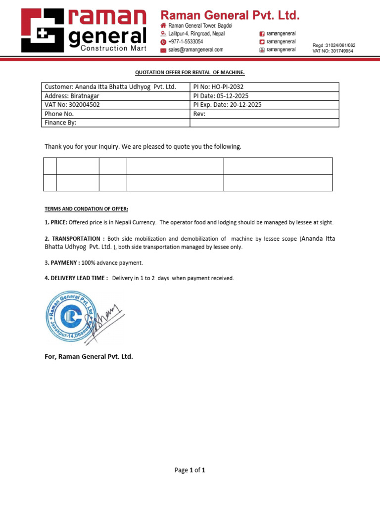 Machine Rental Quotation for Excavator | PDF