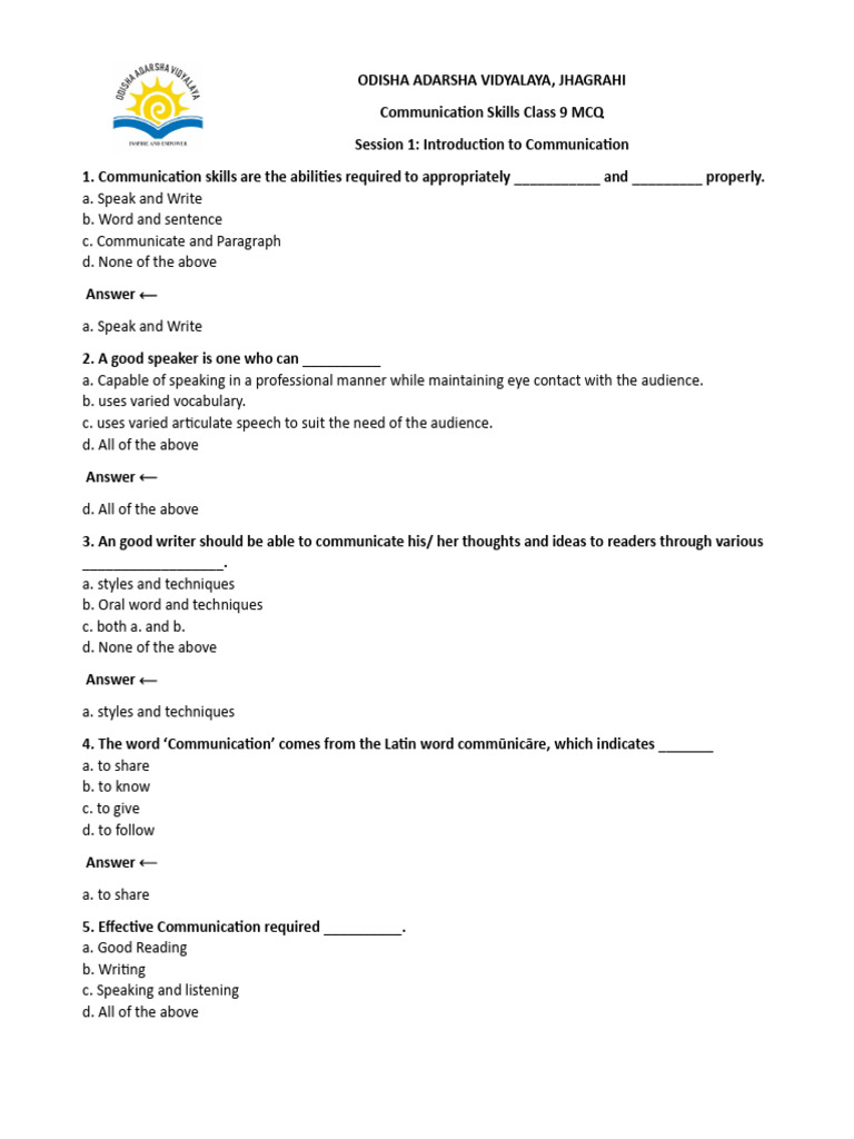 Class 9 Communication Skills MCQs | PDF | Nonverbal Communication ...