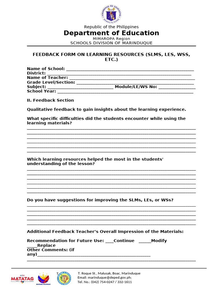 Marinduque Learning Resources Feedback Form | PDF | Learning | Behavior ...