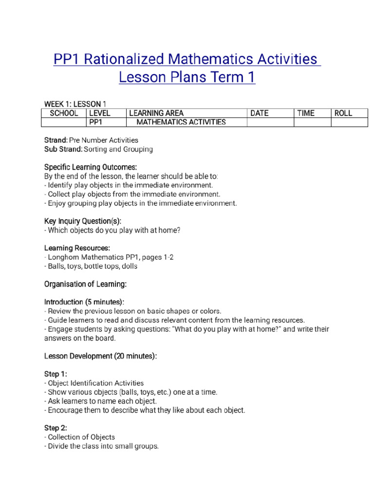 PP1 Rationalized Mathematics Activities Lesson Plan Term 1 2026 | PDF