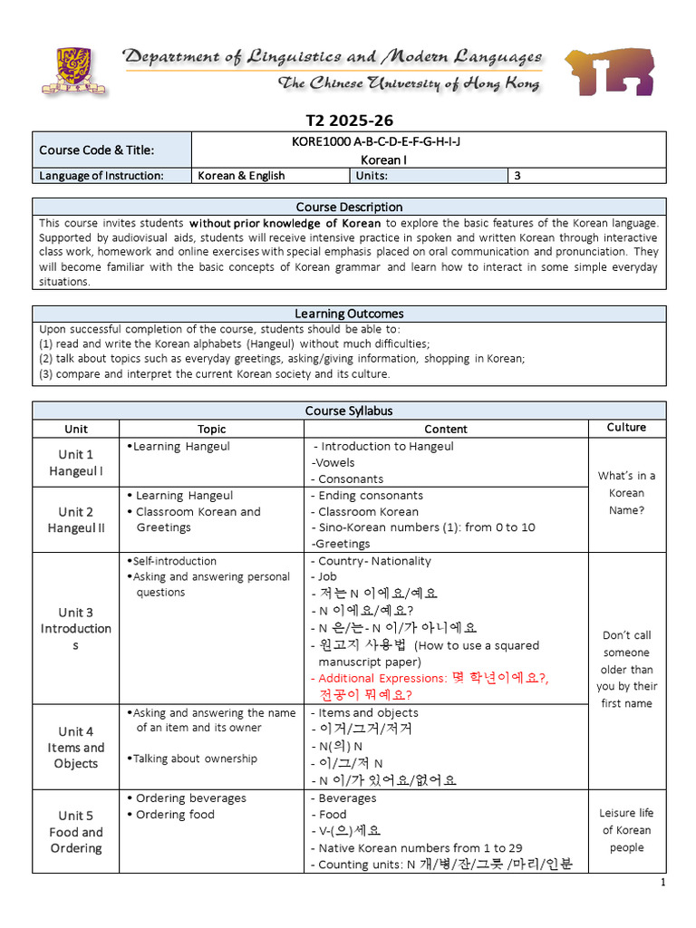 Korean I Course Overview 2025-26 | PDF | Korean Language | Teachers