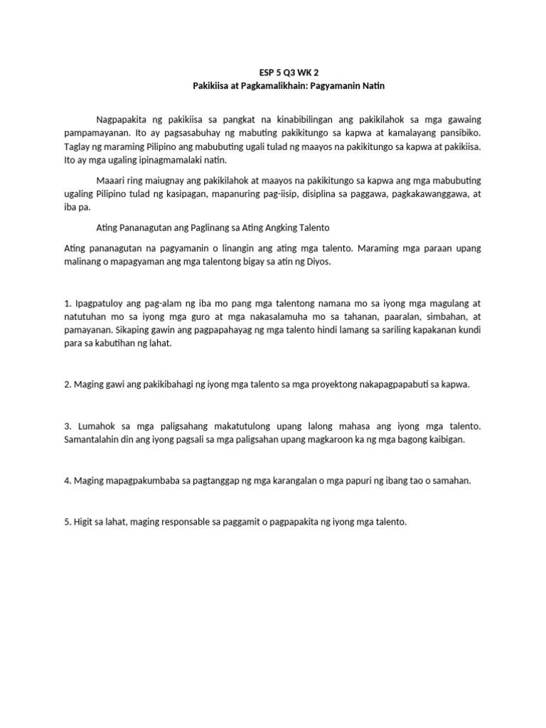 Esp 5 Q3 WK 2 Pakikiisa at Pagkamalikhain: Pagyamanin Natin | PDF