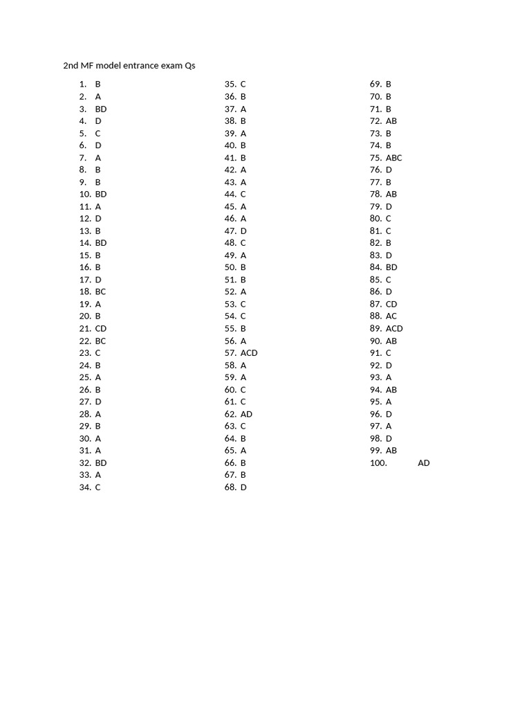 2nd MF Model Entrance Exam Answers | PDF