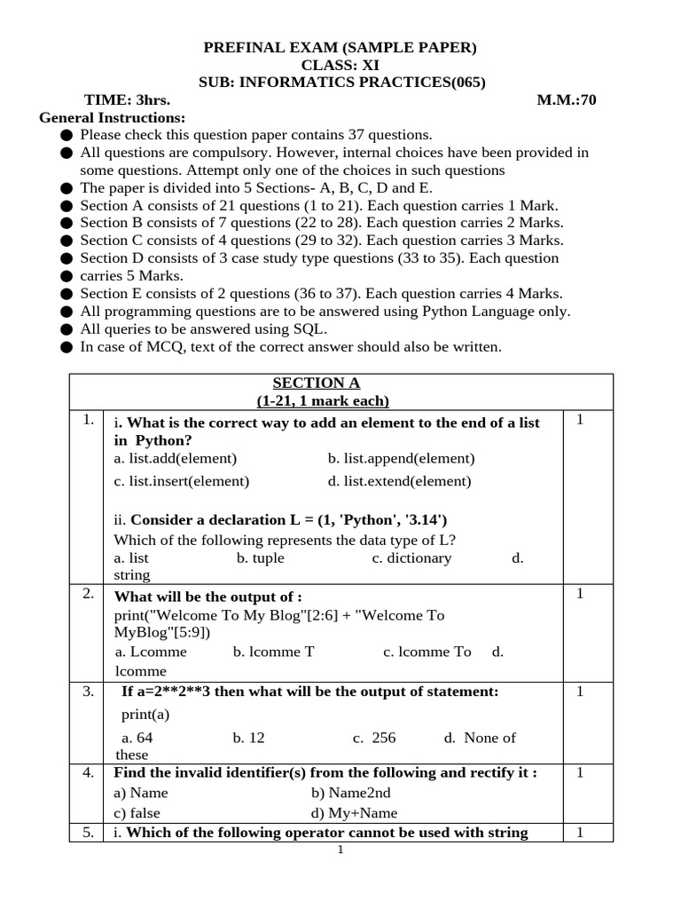 Class XI Informatics Practices Sample Exam | PDF | Table (Database ...
