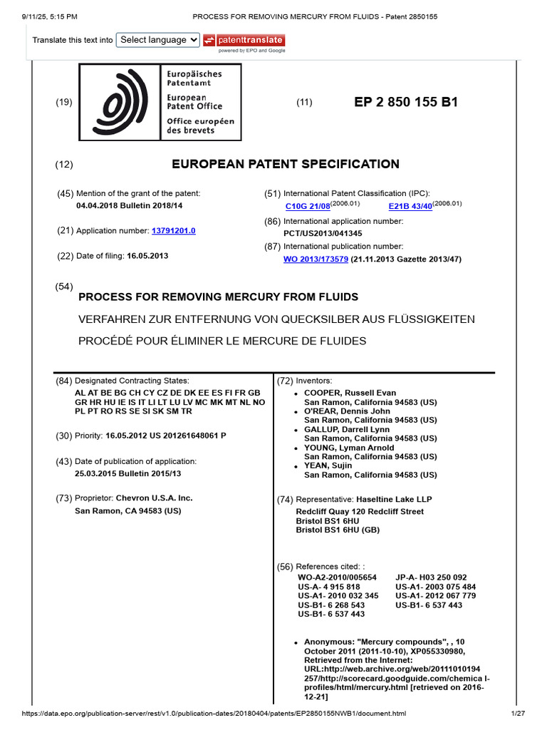 PROCESS FOR REMOVING MERCURY FROM FLUIDS - Patent 2850155 | PDF ...