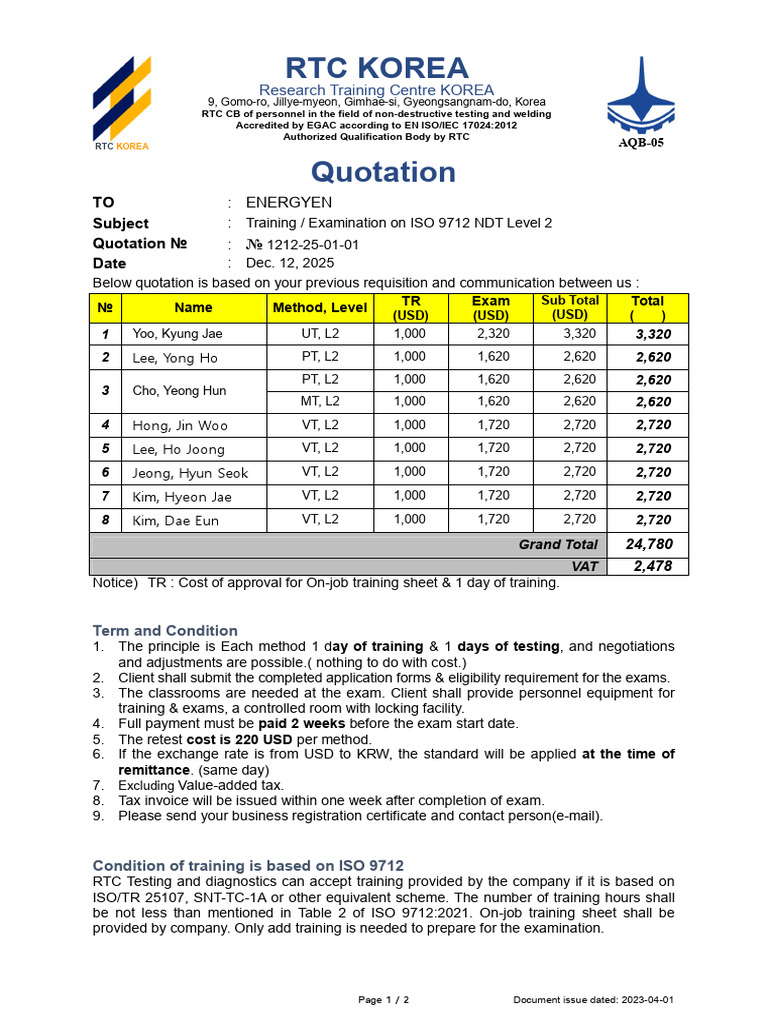 ISO 9712 NDT Level 2 Training Quotation | PDF | Nondestructive Testing