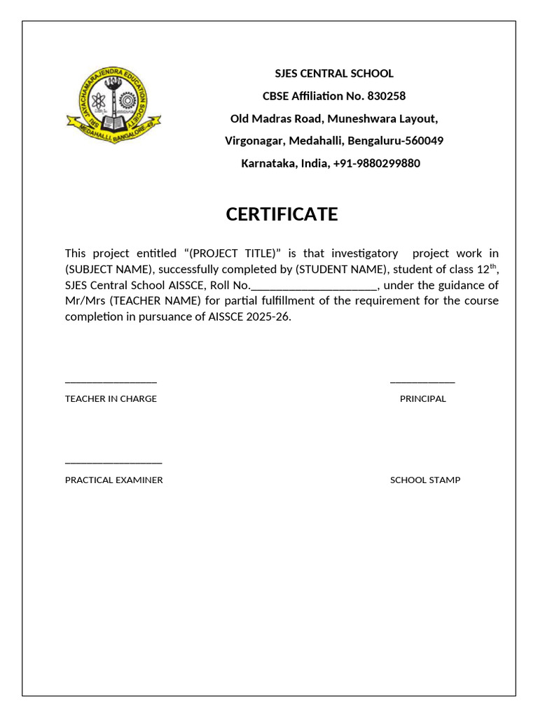 SJES Central School Project Certificate | PDF