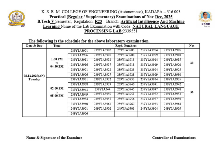 NLP Lab Exam Schedule Dec 2025 | PDF
