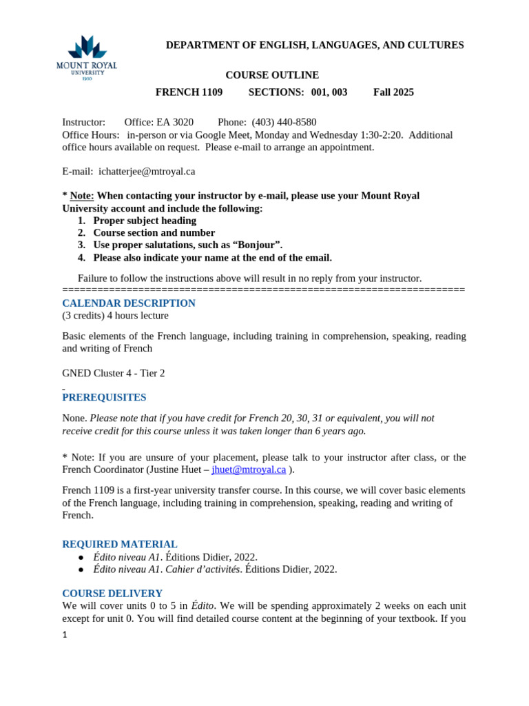 French 1109 Course Outline Fall 2025 | PDF | Academic Integrity | Verb